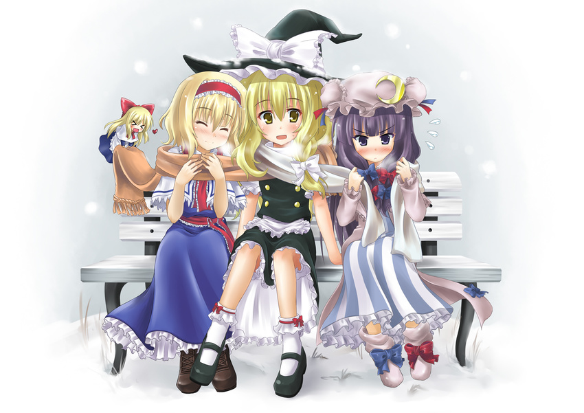 &gt;_&lt; :&lt; :d ^_^ alice_margatroid bench blonde_hair blush bobby_socks closed_eyes closed_mouth doll flying_sweatdrops girl_sandwich hairband hat kirisame_marisa long_hair mary_janes multiple_girls okitakung open_mouth patchouli_knowledge purple_eyes purple_hair sandwiched scarf shanghai_doll shared_scarf shoes short_hair sitting smile snow socks striped touhou v-shaped_eyebrows vertical_stripes witch_hat yellow_eyes