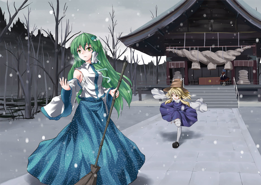 awa_yume broom detached_sleeves frog green_eyes green_hair hair_ornament kochiya_sanae moriya_suwako multiple_girls snow touhou yasaka_kanako