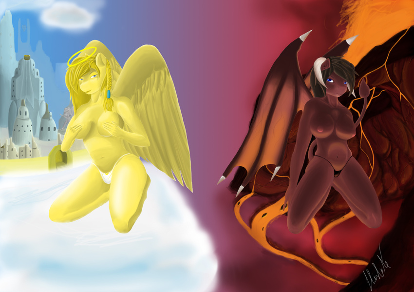 2014 angel anthro areola breasts brown_fur city clothed clothing covering covering_breasts demon dislike equine female fur half-dressed halo hand_on_breast horn horse kneeling lava looking_at_viewer mammal mostly_nude nipples outside panties sky topless underwear wings yellow_fur