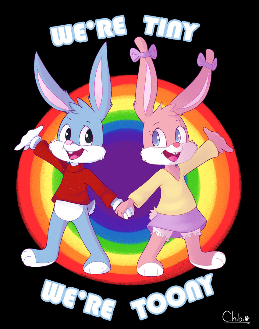 abstract_background babs_bunny buster_bunny chibitracy clothing english_text female hand_holding lagomorph male mammal rabbit text tiny_toon_adventures underwear warner_brothers young