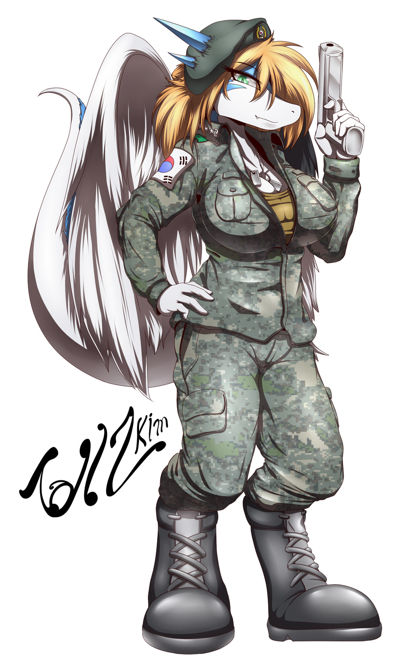 2015 anthro beret blonde_hair blue_scales boots clothed clothing dragon feathers female flag footwear green_eyes gun hair hand_on_hip handgun hat hi_res horn korean long_hair military_uniform raised_tail ranged_weapon scales scalie simple_background slit_pupils smile soldier solo star tailzkim teeth uniform weapon white_background white_feathers white_scales wings