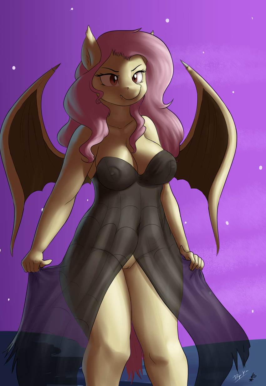 2015 absurd_res anthro anthrofied bat_pony breasts burgerkiss clothing collaboration equine fangs female flutterbat_(mlp) fluttershy_(mlp) friendship_is_magic hair hi_res long_hair mammal mrscurlystyles my_little_pony navel outside pussy solo translucent transparent_clothing wings