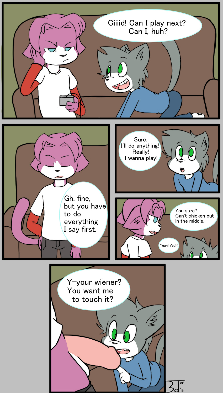 blue_eyes boxtop cat cid_(vg_cats) clothed clothing comic cub dialogue feline flaccid green_eyes leo_(vg_cats) male male/male mammal penis vg_cats young