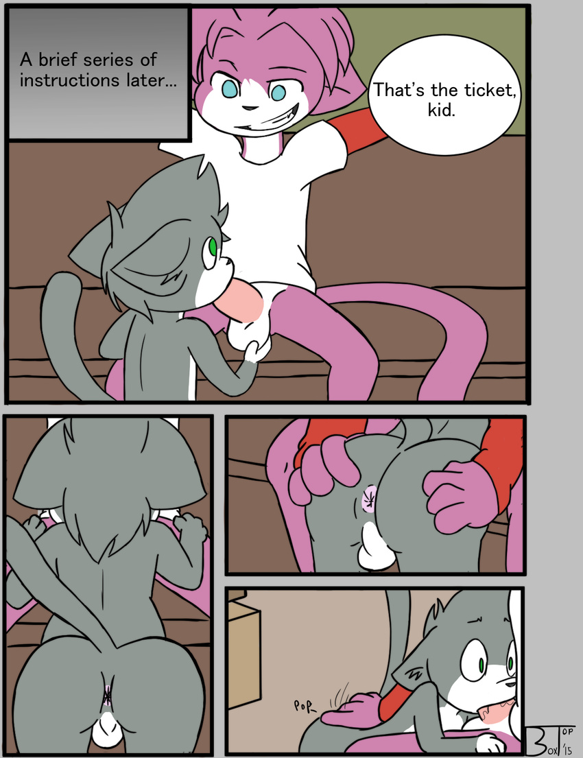 anus backsack balls blue_eyes boxtop cat cid_(vg_cats) clothed clothing comic cub dialogue feline fingering green_eyes leo_(vg_cats) male male/male mammal oral penis vg_cats young
