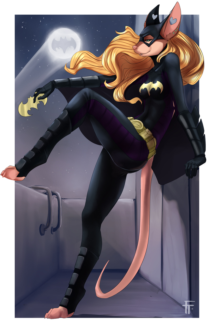 anthro bat batgirl blonde_hair brown_fur clothed clothing ear_piercing facial_piercing female firetally fur hair half-closed_eyes lip_piercing looking_at_viewer mammal outside piercing rubber sky smile solo standing star starry_sky wings