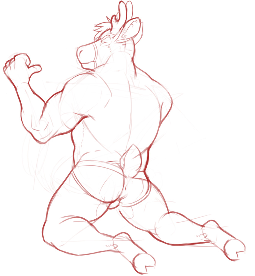 antlers anus butt cervine clothing deer hair hooves horn horrorbuns jockstrap looking_at_viewer looking_back male mammal monochrome muscular simple_background solo underwear white_background