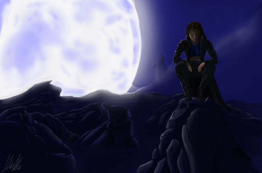 2014 brown_hair clothed clothing cool_colors crouching dislike female hair hi_res human jacket mammal moon night not_furry open_jacket outside rock sky solo