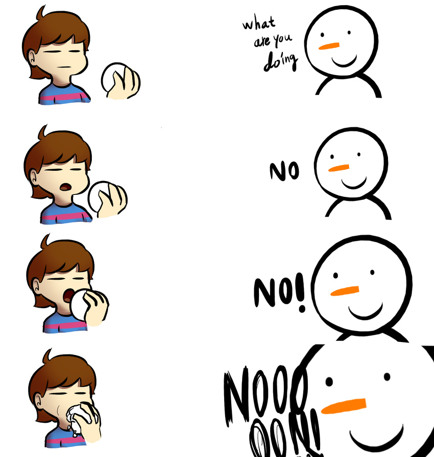 brown_hair carrot clothing comic dialogue eating english_text hair holding human male mammal not_furry protagonist_(undertale) smile snowball snowman text undertale vegetable video_games wasajoke