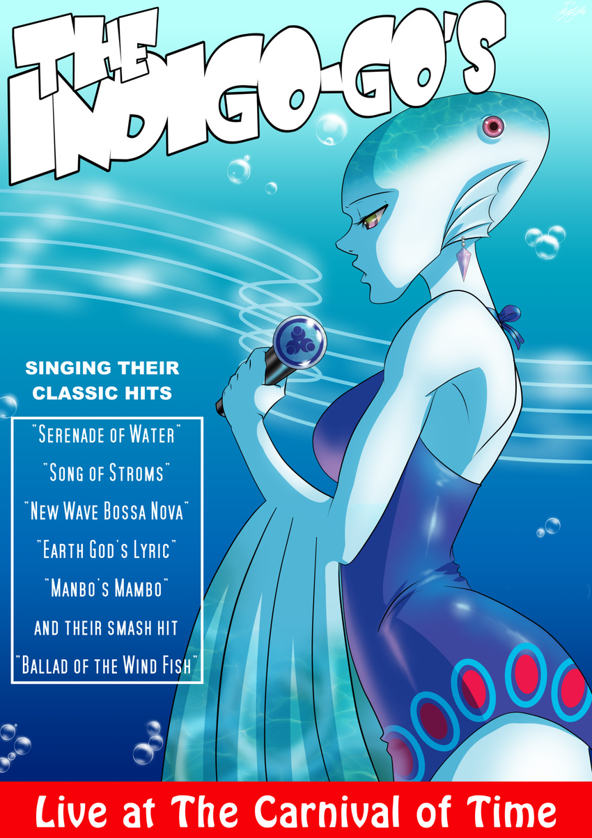 blue_skin breasts bubble clothing dress english_text female fish green_eyes lulu majora's_mask marine microphone nintendo poster purple_eyes solo text the_legend_of_zelda video_games zora