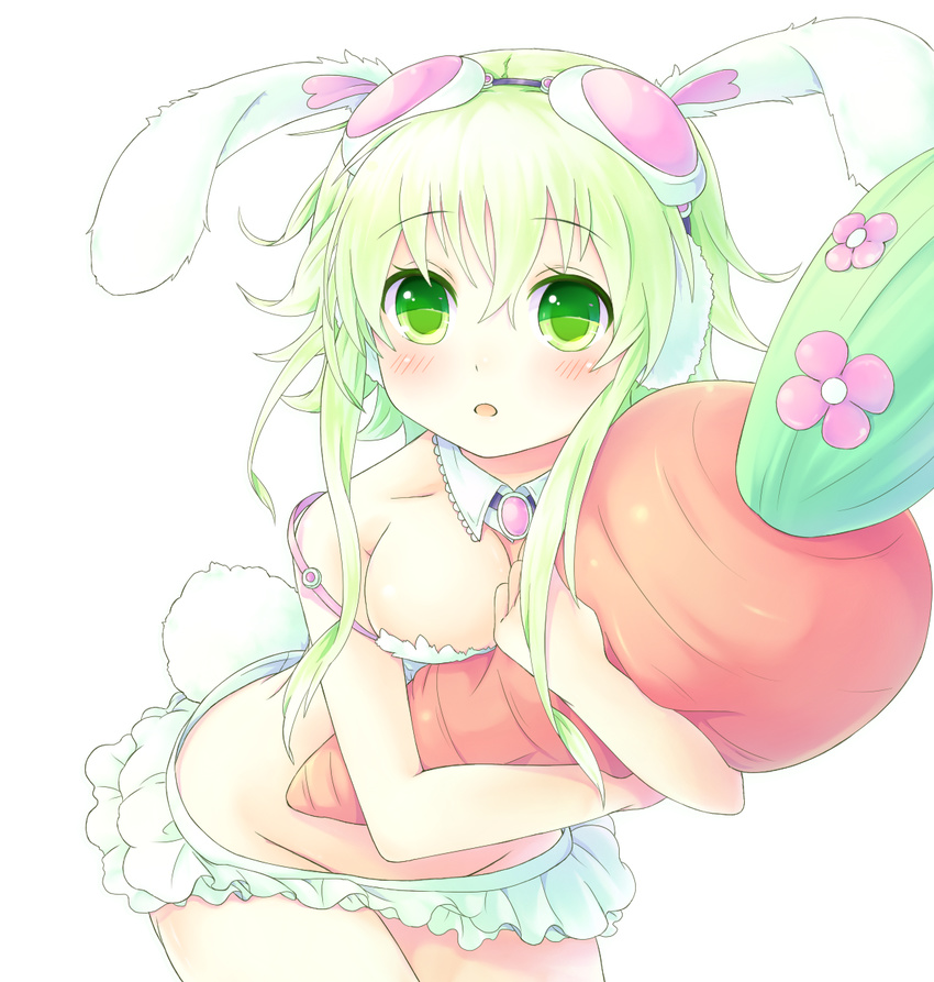 animal_ears bad_id bad_pixiv_id bare_shoulders breasts brooch bunny_ears bunny_tail carrot cleavage cowboy_shot detached_collar earmuffs fake_animal_ears goggles goggles_on_head green_eyes green_hair groin gumi highres hug jewelry leaning_forward medium_breasts midriff miniskirt no_panties off_shoulder open_mouth sakakidani short_hair short_hair_with_long_locks sidelocks skirt solo strap_slip stuffed_carrot stuffed_toy tail vocaloid white_background white_skirt