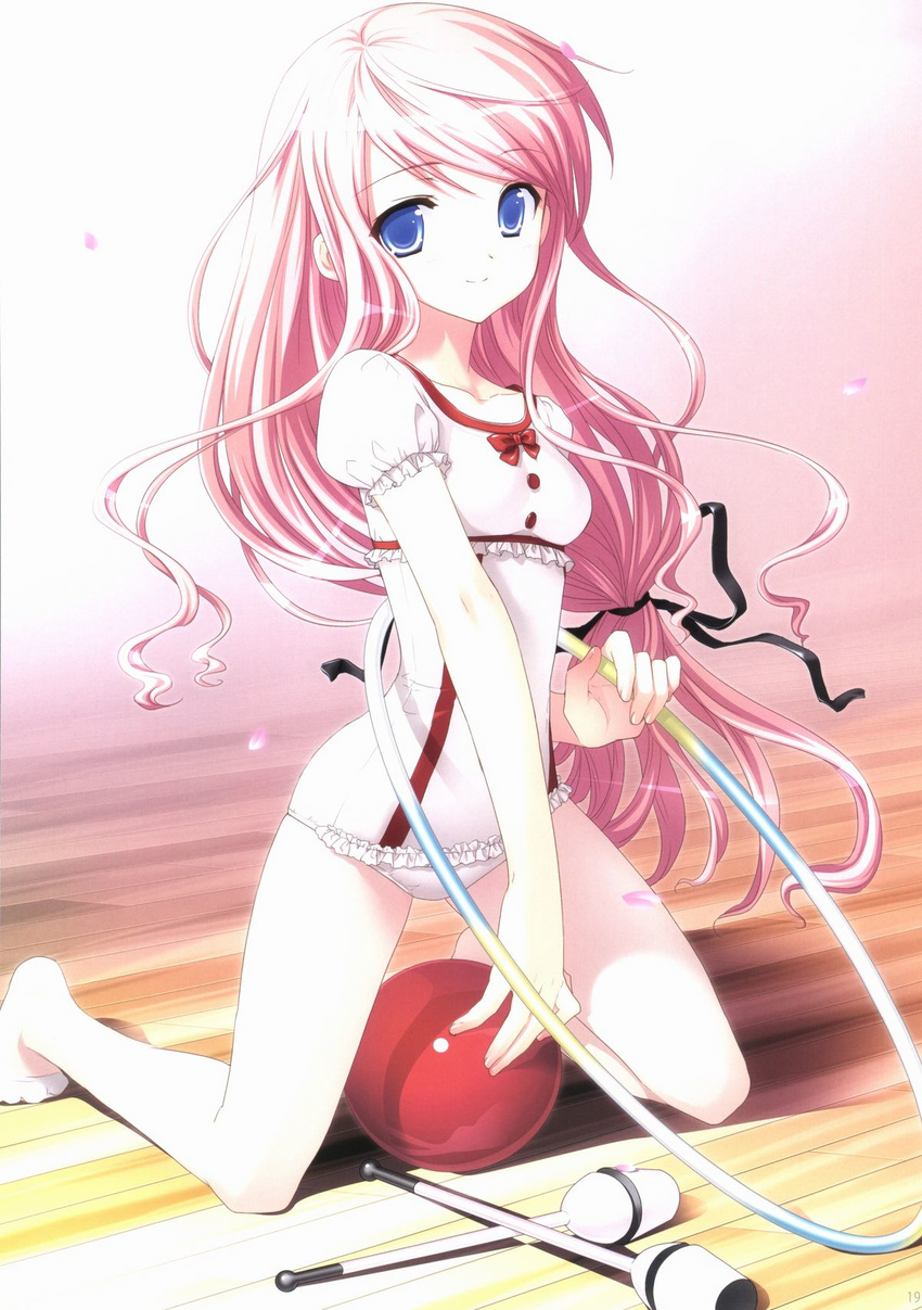 ball black_ribbon blue_eyes frilled_leotard frills gymnast_leotard gymnastics hair_ribbon highres hoop hula_hoop imageboard_sample indoors jpeg_artifacts kasukabe_akira kneeling leotard long_hair looking_at_viewer low-tied_long_hair pink_hair rhythmic_gymnastics ribbon sakura_nanako sakura_sakura solo