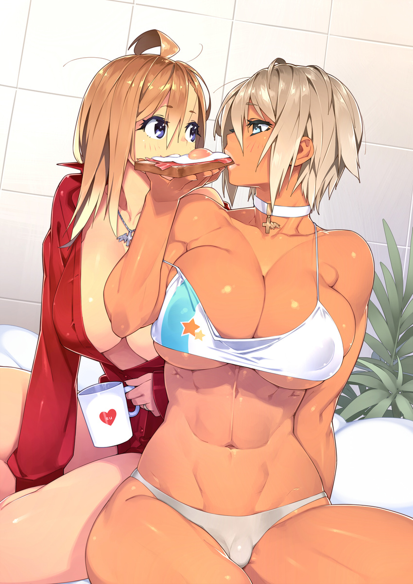 2girls abs ahoge ahoge_girl_(23) bacon blonde_hair blue_eyes bread breasts cameltoe choker coffee_mug couple crop_top cup dark-skinned_girl_(23) dark_skin eating egg food highres jewelry large_breasts messy_hair mug multiple_girls muscle necklace original plant ring shared_food spaghetti_strap swimsuit toast underwear wedding_band wife_and_wife yuri