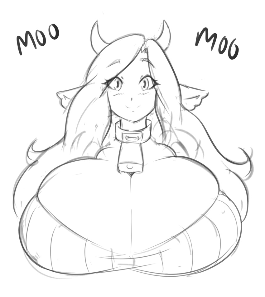 animal_humanoid bell bewbchan big_breasts bovine breasts cleavage clothed clothing cow_humanoid female horn huge_breasts humanoid mammal monochrome sweater text