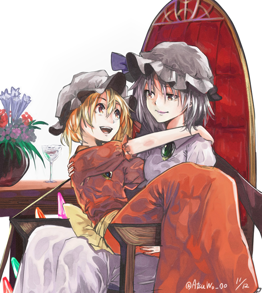 alternate_costume arms_around_neck asymmetrical_wings bat_wings blonde_hair brooch chair dress flandre_scarlet hat highres jewelry lavender_hair looking_at_another mob_cap multiple_girls purple_dress red_dress red_eyes remilia_scarlet short_hair siblings side_ponytail sisters sitting sitting_on_lap sitting_on_person table touhou wings yamazaki_haru