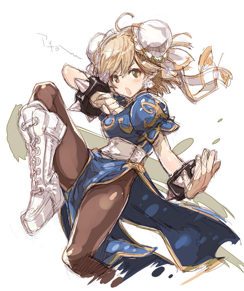 :o ahoge black_legwear blonde_hair blue_dress blush boots bracelet bun_cover china_dress chinese_clothes chun-li chun-li_(cosplay) cosplay cross-laced_footwear djeeta_(granblue_fantasy) double_bun dress eyeshadow granblue_fantasy haku_(sabosoda) highres jewelry lace-up_boots leg_up makeup open_mouth pantyhose pelvic_curtain puffy_short_sleeves puffy_sleeves sash short_hair short_sleeves side_slit simple_background sketch solo spiked_bracelet spikes street_fighter v-shaped_eyebrows white_background white_footwear yellow_eyes