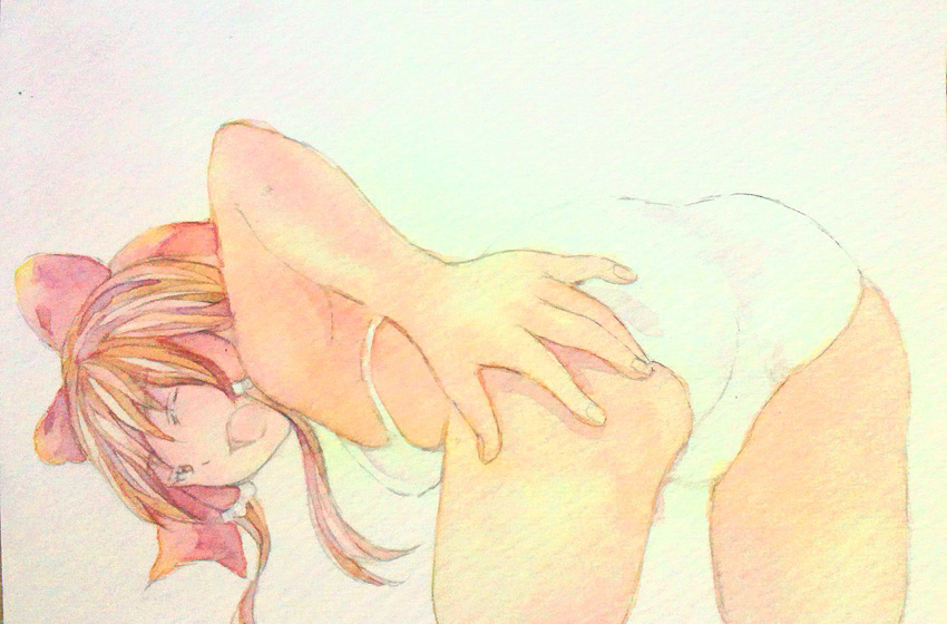 ass bent_over bikini bow brown_eyes brown_hair cowboy_shot flat_ass from_behind grey_background hair_bow hair_tubes hakurei_reimu hand_on_ass long_hair looking_at_viewer looking_back one_eye_closed open_mouth solo swimsuit touhou traditional_media watercolor_(medium) white_bikini yuyu_(00365676)