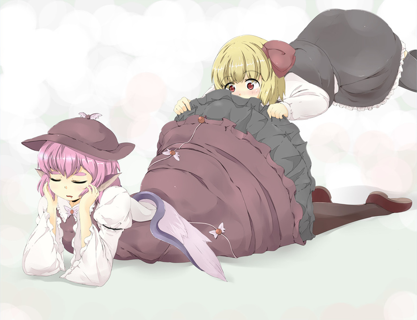 animal_ears black_skirt blonde_hair blush bow chin_rest closed_eyes dress dress_lift floating hair_bow hair_ribbon hat implied_pantyshot juliet_sleeves long_sleeves mepikari multiple_girls mystia_lorelei open_mouth pantyhose petticoat pink_dress pink_hair puffy_long_sleeves puffy_sleeves red_eyes ribbon rumia shirt short_hair skirt skirt_set sleeping touhou wings