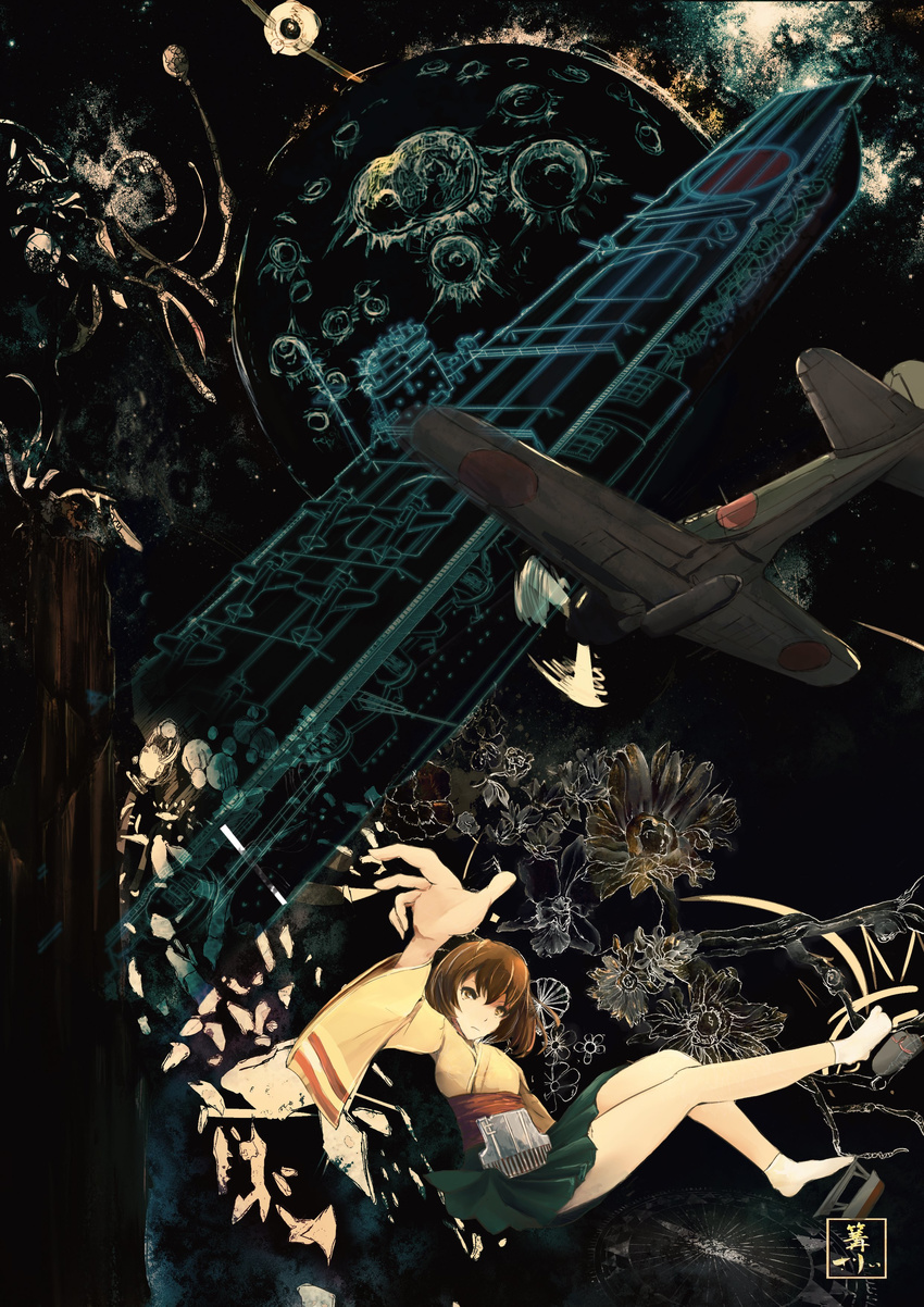 aa_gun absurdres aircraft aircraft_carrier airplane b5n brown_eyes brown_hair compass flower gloves highres hiryuu_(aircraft_carrier) hiryuu_(kantai_collection) japanese_clothes kantai_collection kobaman_annwn long_sleeves military military_vehicle moon partly_fingerless_gloves quiver ship short_hair side_ponytail single_glove skirt solo warship watercraft wide_sleeves yugake