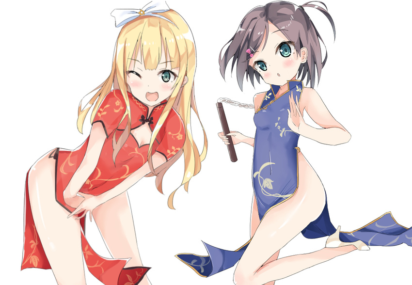 azuki_azusa black_hair blonde_hair china_dress chinese_clothes dress green_eyes hentai_ouji_to_warawanai_neko. kanisaka_shizuku long_hair multiple_girls nunchaku short_hair side_ponytail tsutsukakushi_tsukiko weapon