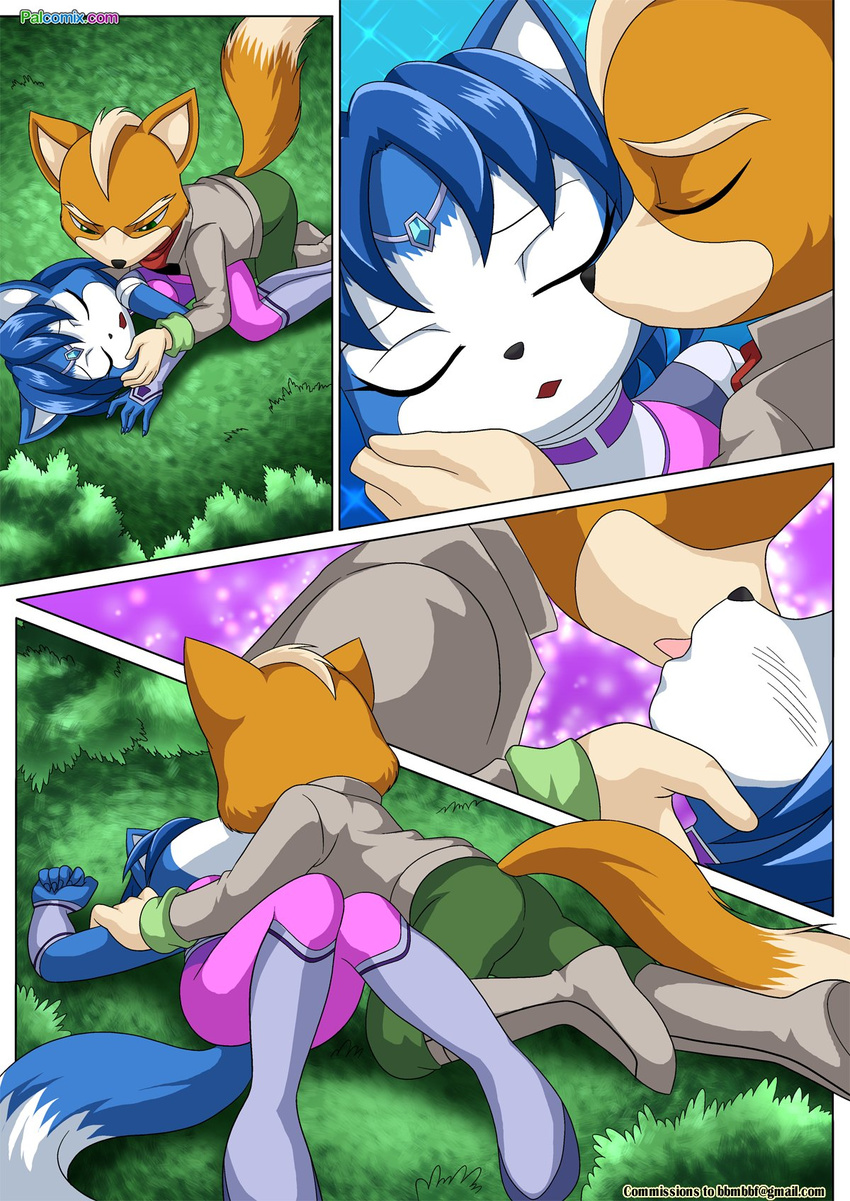 anthro bbmbbf blue_hair blush brown_fur canine clothed clothing comic couple eyes_closed female fox fox_mccloud fur fur34 hair kissing krystal love lying mammal nintendo on_back open_mouth palcomix sleeping space_suit star_fox tan_fur video_games white_fur