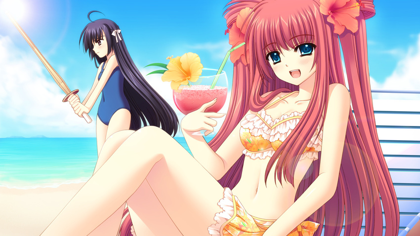 :d ahoge bangs beach bikini bikini_skirt black_hair blue_eyes blue_swimsuit bow breasts chair cleavage cloud collarbone covered_navel day drink drinking_straw fighting_stance fingernails flower frilled_bikini frills from_side game_cg hair_bow hair_flower hair_ornament hair_rings half_updo hananomiya_ako happy hibiscus holding holding_weapon knees_up lens_flare long_fingernails long_hair looking_at_viewer looking_to_the_side lounge_chair multiple_girls navel nishimata_aoi ocean one-piece_swimsuit open_mouth orange_bikini outdoors print_bikini profile purple_eyes red_hair sekai_seifuku_kanojo serious shinai sidelocks sitting sky small_breasts smile standing sun swimsuit sword tropical_drink two_side_up very_long_hair water weapon yamio_yumeko