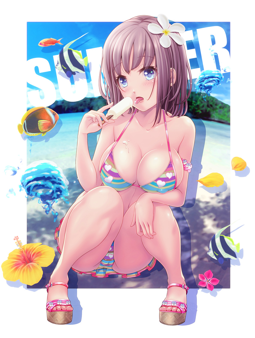 angelfish bare_arms bikini blue_eyes breasts brown_hair butterflyfish cameltoe cleavage covered_nipples day english fish flower food hibiscus highres holding large_breasts licking looking_at_viewer original plumeria popsicle sandals short_hair solo squatting striped striped_bikini swimsuit tongue tongue_out v-mag water