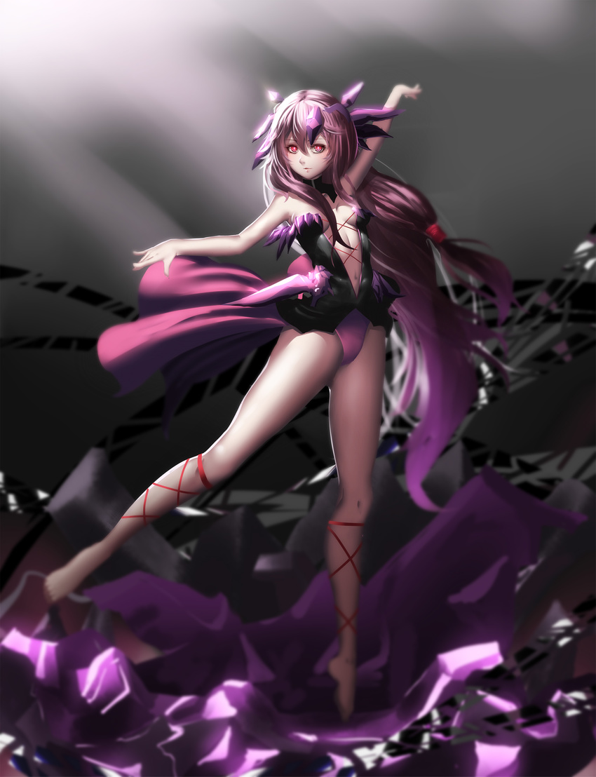 arm_up bad_id bad_pixiv_id ballerina bangs bare_arms bare_shoulders barefoot blurry breasts center_opening cleavage cross-laced_clothes cross-laced_legwear crystal dancing depth_of_field detached_collar full_body guilty_crown hair_between_eyes hair_ornament highres hk_(hk) jumping legs_apart leotard light_rays light_smile long_hair looking_at_viewer low-tied_long_hair navel no_bra ouma_mana outstretched_arm outstretched_arms pale_skin pink_eyes purple_hair showgirl_skirt skirt small_breasts smile solo spread_arms standing standing_on_one_leg strapless strapless_leotard very_long_hair