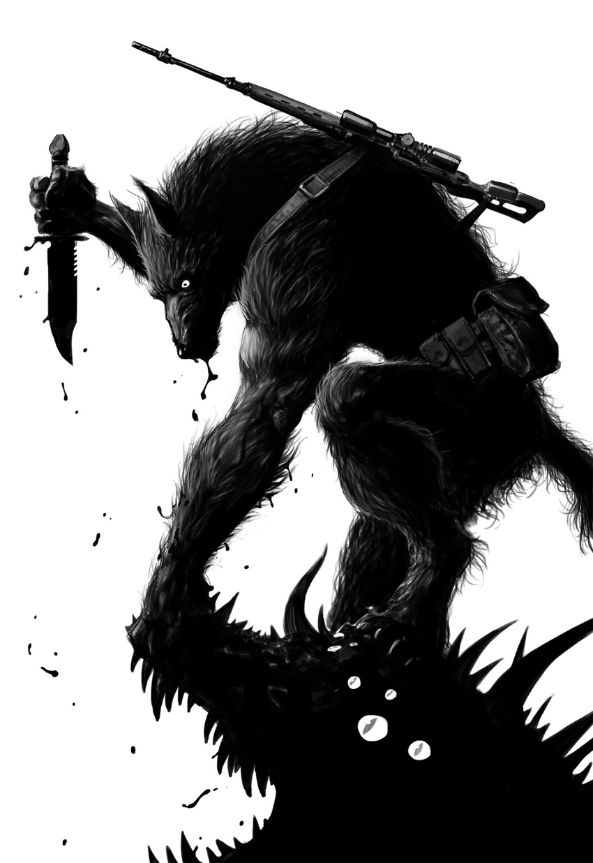 4_toes angry anthro attack battle belt blade blood blood_on_mouth canine claws couple demon detailed digitigrade duo eye_contact fangs foot_on_head garou gun hand_on_head hi_res horn knife looking_down male mammal monochrome multiple_eyes muscular nude open_mouth rage ranged_weapon scalie sharp_teeth shotgun simple_background spikes teeth toe_claws toes toned tony_warne weapon were werewolf werewolf_the_apocalypse white_background wounded
