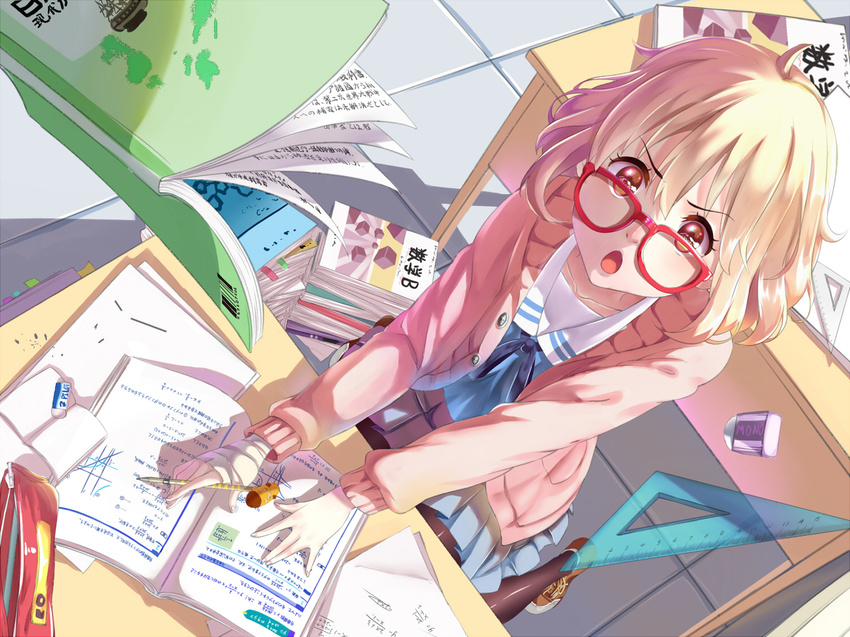 bandaged_arm bandages book cardigan desk glasses kuriyama_mirai kyoukai_no_kanata pink_hair red-framed_eyewear red_eyes school_desk school_uniform shan-n short_hair solo