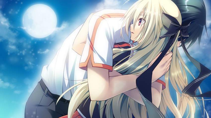 1girl aka-san_to_kyuuketsuki alexandra_ann-christine_axelina black_ribbon blonde_hair game_cg hair_ribbon hetero hug kuwashima_rein long_hair moon outdoors red_eyes ribbon saitou_yuusuke