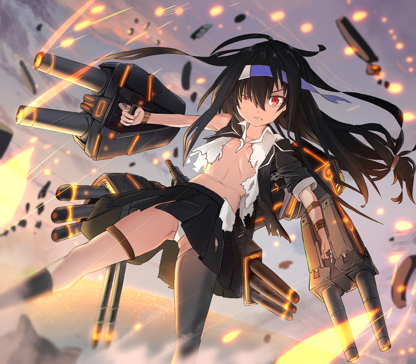 black_hair black_legwear blazer cannon collared_shirt flat_chest glowing hair_ornament hatsushimo_(kantai_collection) headband jacket kantai_collection leg_garter long_hair looking_at_viewer low-tied_long_hair panties pleated_skirt red_eyes remodel_(kantai_collection) rubellent school_uniform shirt single_thighhigh skirt solo thighhighs torn_clothes torn_jacket torn_shirt torpedo turret underwear white_panties