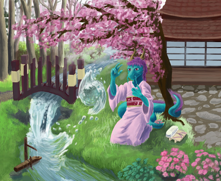 2015 anthro barefoot blue_fur bridge building cherry_blossom chryseus claws clothed clothing dragon fur furred_dragon hair horn japanese_clothing kimono magic male outside pawpads paws plant purple_eyes purple_fur purple_hair scalie solo spectrumshift toe_claws traditional_media_(artwork) water