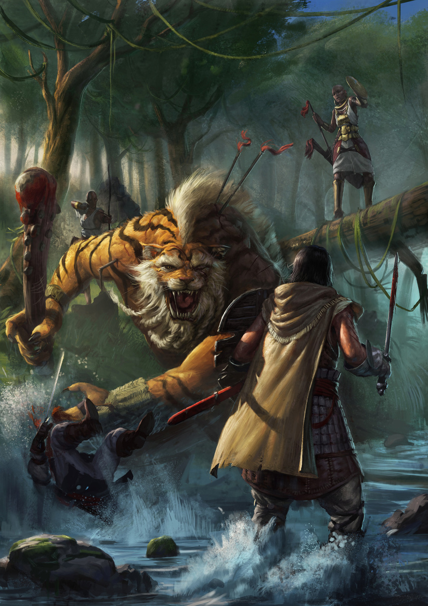 angry anthro arc armband arrow barefoot battle beard black_hair black_person blood boots cape claws clothed clothing club_(weapon) dark_skin detailed digital_media_(artwork) eye_scar facial_hair fangs feline female footwear fur group hair hairless hi_res human interspecies jungle lying male mammal melee_weapon multicolored_fur muscular one_eye_closed open_mouth orange_fur outside river saliva scar shield size_difference sky standing stones stripes sword tiger tongue tree two_tone_fur unknown_artist vein warrior water weapon white_fur wounded