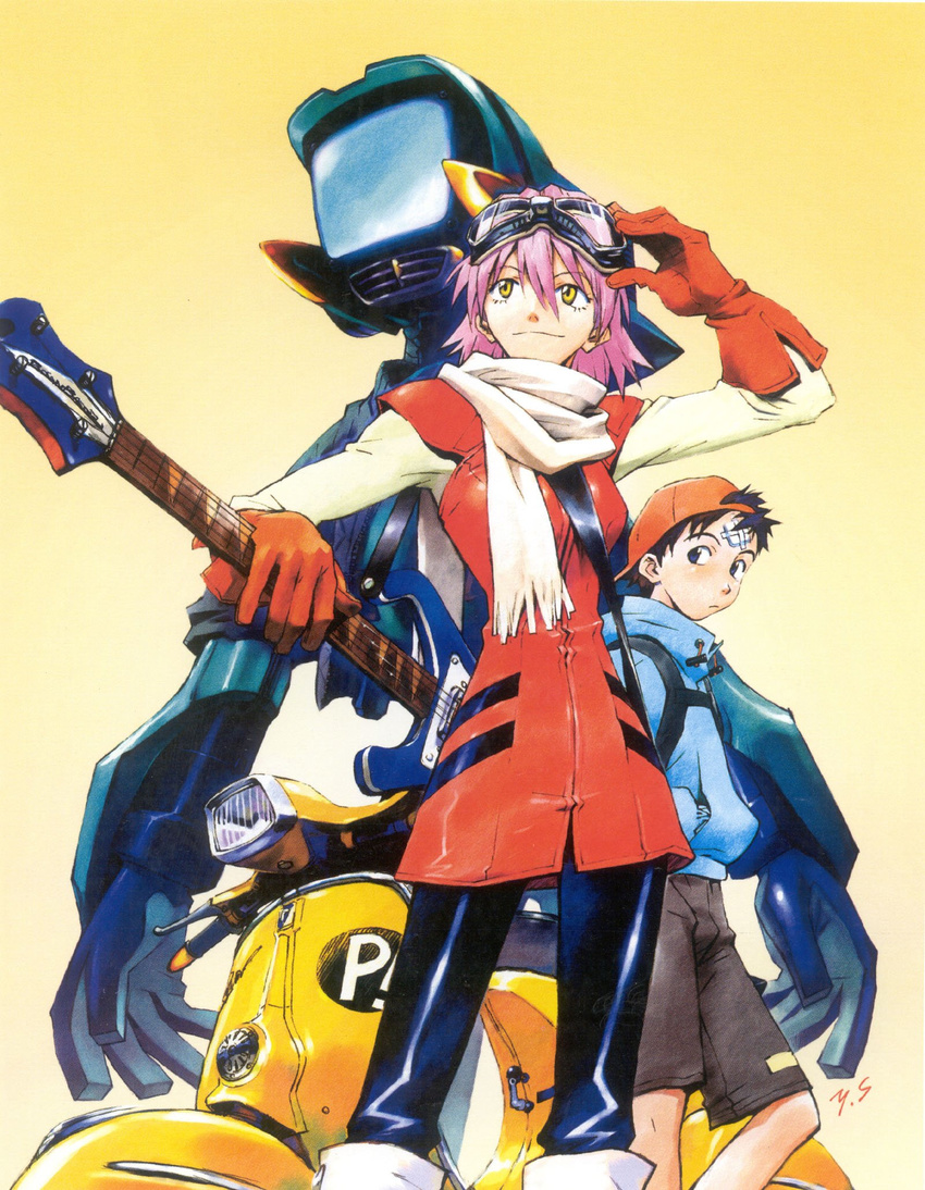 1girl backpack backwards_hat bag bandages baseball_cap bass_guitar boots canti flcl gloves goggles goggles_on_head ground_vehicle guitar haruhara_haruko hat highres hood hoodie instrument jacket left-handed motor_vehicle nandaba_naota official_art pink_hair poster rickenbacker robot sadamoto_yoshiyuki scarf scooter short_hair shorts signature simple_background vespa yellow_eyes