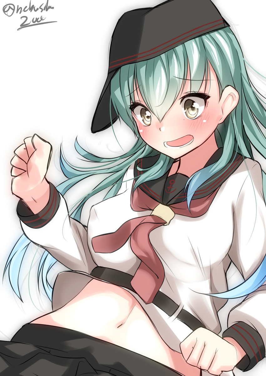 akatsuki_(kantai_collection) akatsuki_(kantai_collection)_(cosplay) alternate_costume anchor_symbol aqua_hair blush breasts commentary_request cosplay flat_cap hat highres kantai_collection large_breasts long_hair long_sleeves navel nebusoku neckerchief open_mouth pleated_skirt red_neckwear remodel_(kantai_collection) school_uniform serafuku simple_background skirt solo suzuya_(kantai_collection) twitter_username white_background