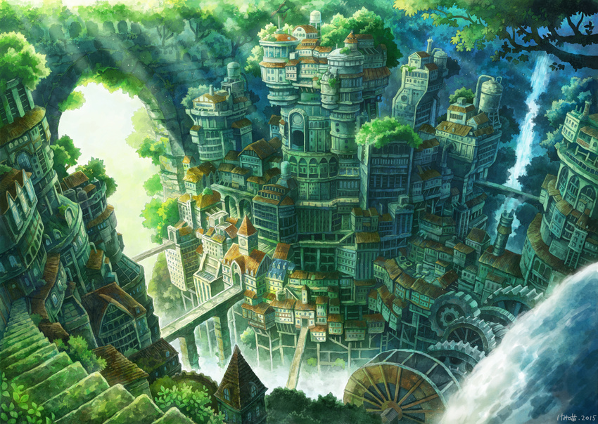 arch bridge canyon chimney city cityscape fantasy flag fog forest from_above gears kemi_neko md5_mismatch nature no_humans original scenery signature stairs sunlight tree water water_tower waterfall watermill