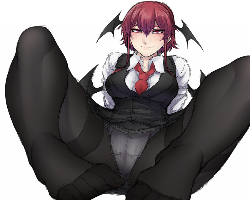 alternate_hair_length alternate_hairstyle between_breasts black_legwear black_skirt black_vest blush breasts collared_shirt demon_wings koakuma large_breasts legs long_sleeves miniskirt necktie necktie_between_breasts nicutoka panties pantyhose pantyshot pantyshot_(sitting) red_eyes red_hair red_neckwear seductive_smile shirt sidelocks simple_background sitting sketch skirt smile solo spread_legs sweat thick_thighs thighs toes touhou underwear vest white_background white_panties white_shirt wings