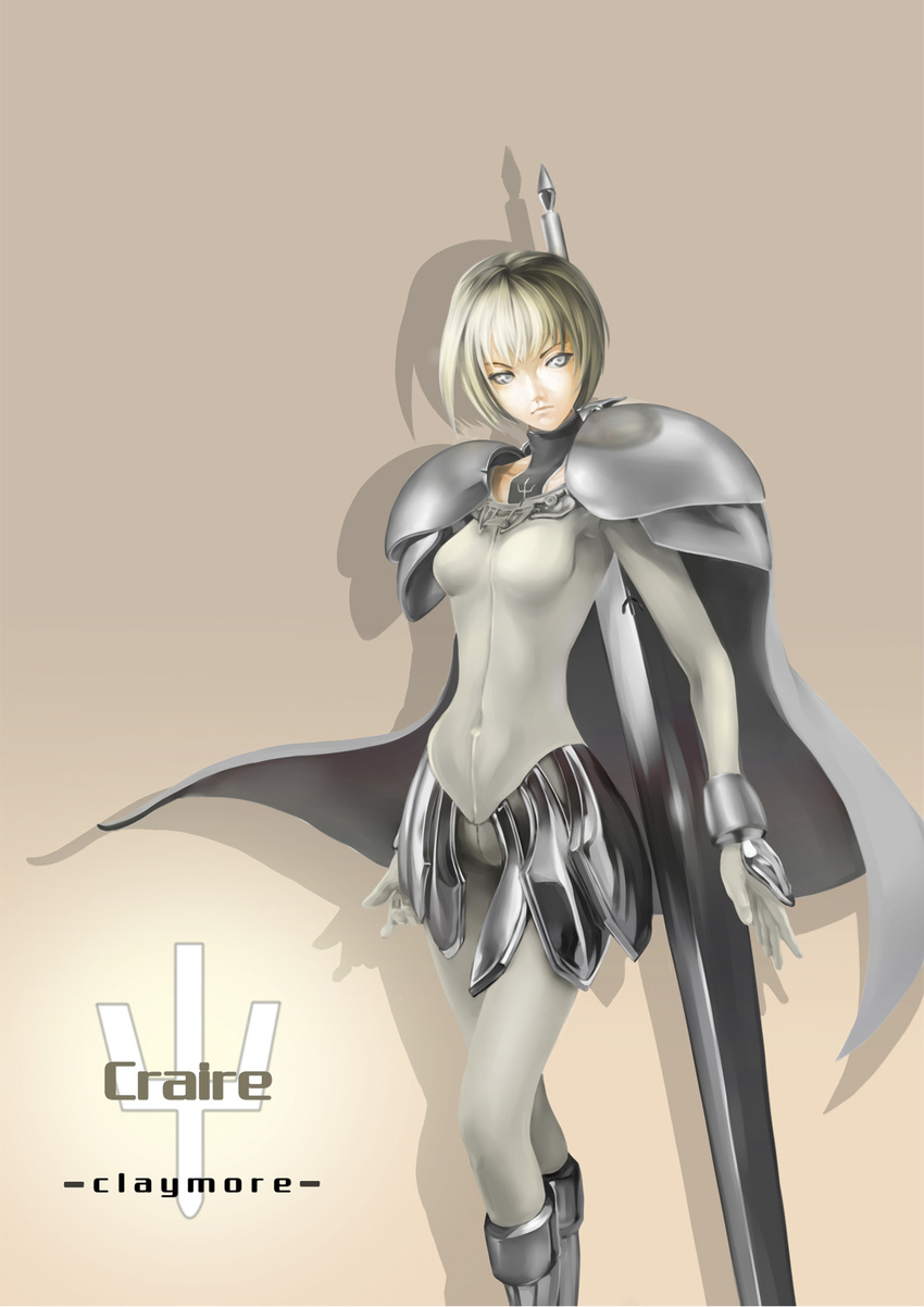 armor blonde_hair bodysuit cape character_name clare_(claymore) claymore claymore_(sword) collarbone copyright_name engrish highres huge_weapon kobaku pauldrons ranguage shadow silver_eyes simple_background solo weapon