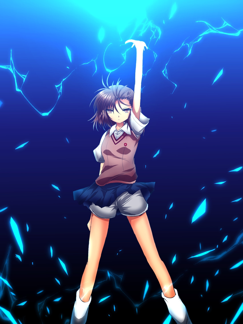 brown_eyes brown_hair highres misaka_mikoto nekominase school_uniform short_hair shorts solo to_aru_kagaku_no_railgun to_aru_majutsu_no_index