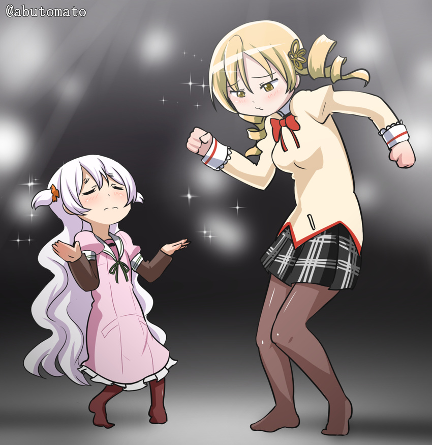 abutomato blonde_hair bow bowtie commentary_request dancing full_body long_hair mahou_shoujo_madoka_magica mahou_shoujo_madoka_magica_movie mitakihara_school_uniform momoe_nagisa multiple_girls pantyhose parody pulp_fiction school_uniform tomoe_mami twintails two_side_up white_hair