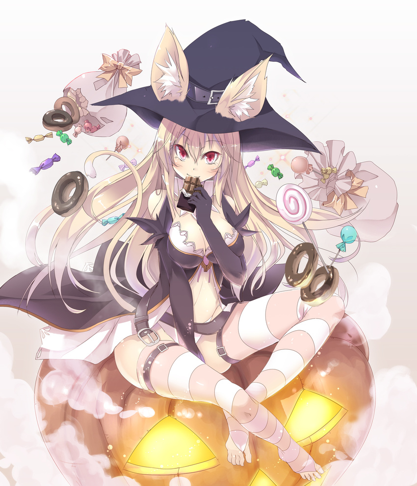 animal_ears blonde_hair breasts cleavage ears_through_headwear elbow_gloves full_body gloves halloween hat highres large_breasts long_hair original red_eyes satomi solo striped striped_legwear tail thigh_strap thighhighs witch_hat