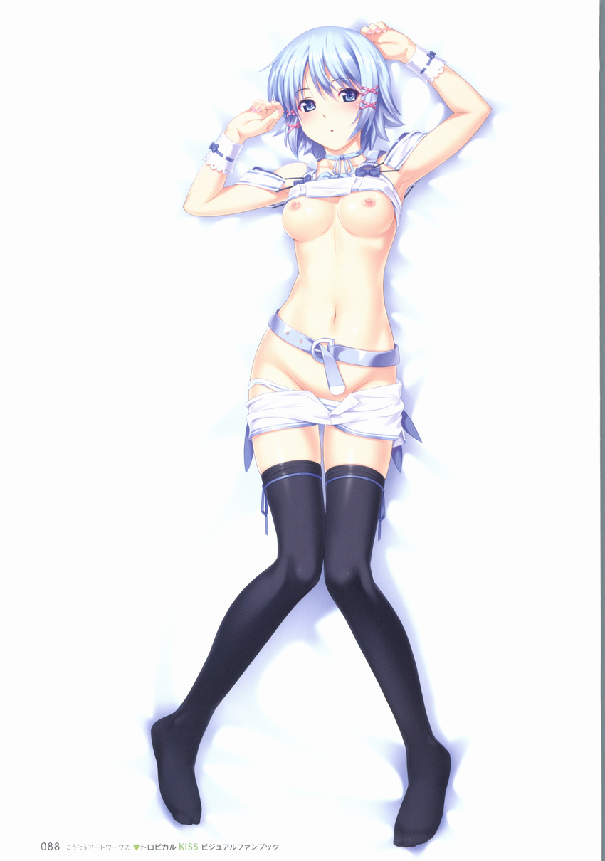 absurdres belt black_legwear blue_eyes blue_hair breasts breasts_outside choker dakimakura from_above full_body groin hair_ornament highres himuro_rikka koutaro looking_at_viewer lying medium_breasts navel nipples no_shoes on_back panties panty_pull ribbon ribbon-trimmed_sleeves ribbon_choker ribbon_trim scan shirt_lift short_hair shorts shorts_pull solo thigh_ribbon thighhighs tropical_kiss underwear white_panties white_shorts wrist_cuffs