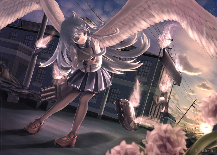 backlighting bangs bent_over black_legwear blue_hair building cloud dutch_angle fire floating floating_object flower hat hat_removed headwear_removed hibiki_(kantai_collection) hitohinoto holding kantai_collection loafers long_hair long_sleeves looking_back outdoors phoenix_wings pleated_skirt power_lines school_uniform serafuku shoes silver_eyes silver_hair skirt sky solo standing sun thighhighs transparent_wings turret twilight utility_pole verniy_(kantai_collection) weapon wings
