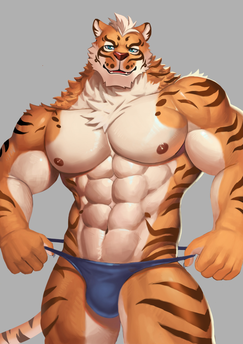 abs absurd_res anthro biceps blue_eyes bulge chest_tuft clothed clothing feline gohgw hi_res lin_hu looking_at_viewer male mammal muscular muscular_male nekojishi nipples pecs seductive skimpy smile thong tiger tuft underwear undressing