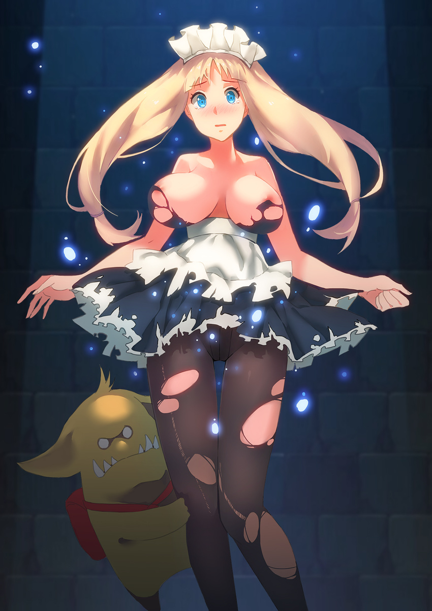 bad_id bad_pixiv_id bare_shoulders blonde_hair blue_eyes breasts highres large_breasts long_hair looking_at_viewer maid_headdress monster nipples pantyhose skirt solo tears torn_clothes torn_legwear twintails zhuxiao517