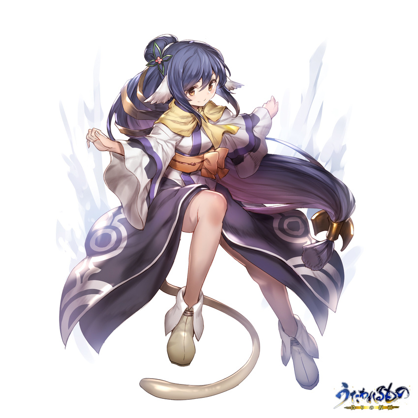 ainu_clothes animal_ears blue_hair full_body hair_ornament highres kakage kuon_(utawareru_mono) long_hair low-tied_long_hair obi sash sidelocks simple_background solo tail utawareru_mono utawareru_mono:_itsuwari_no_kamen very_long_hair yellow_eyes