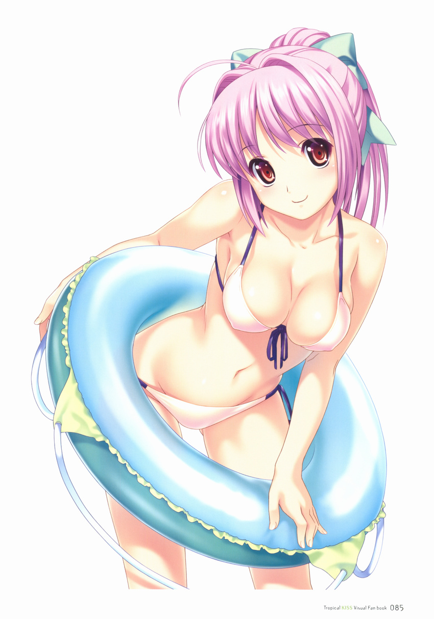 absurdres ahoge bikini bow breasts brown_eyes cleavage covered_nipples front-tie_top hair_bow hair_intakes hair_ornament highres hinata_hanabi innertube koutaro looking_at_viewer medium_breasts navel pink_bikini pink_hair ponytail scan side-tie_bikini sideboob simple_background smile solo swimsuit tropical_kiss white_background white_bikini