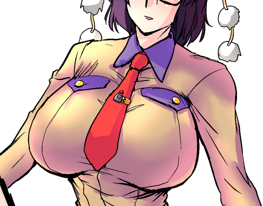 alternate_costume black_hair breasts brown_shirt close-up collared_shirt danna_(karatekikku) hat head_out_of_frame large_breasts long_sleeves necktie parted_lips red_neckwear shameimaru_aya shirt short_hair simple_background solo tie_clip tokin_hat touhou upper_body white_background