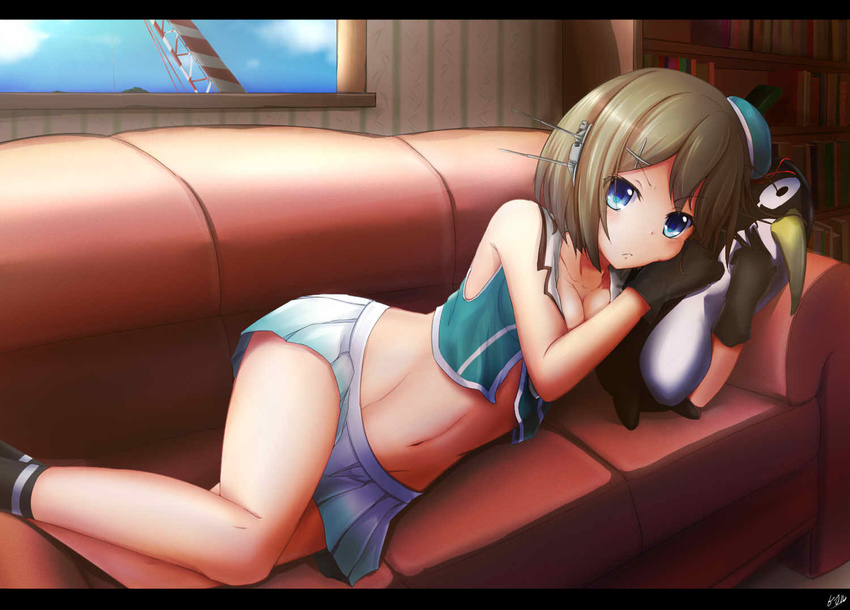 :&lt; bare_shoulders biburu black_footwear black_gloves blue_eyes blue_sky bookshelf breasts brown_hair cleavage collarbone couch crane crop_top day gloves hair_ornament hat indoors kantai_collection letterboxed lying maya_(kantai_collection) medium_breasts midriff mini_hat navel on_couch on_side pleated_skirt remodel_(kantai_collection) shoes skirt sky solo stomach striped stuffed_animal stuffed_penguin stuffed_toy vertical_stripes white_skirt x_hair_ornament