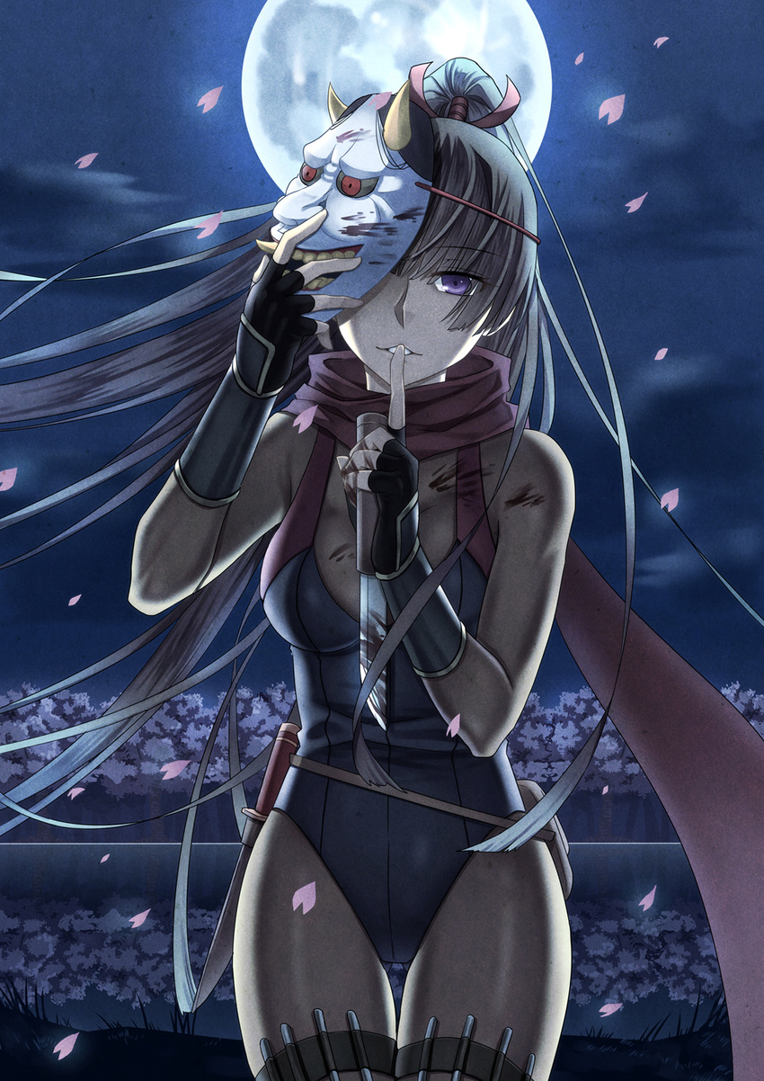 black_hair blood bloody_clothes bodysuit cherry_blossoms cowboy_shot finger_to_mouth fingerless_gloves full_moon gloves highres hoshiyoruno knife leotard long_hair mask moon night ninja original ponytail pouch purple_eyes red_scarf scarf shushing sky solo thigh_gap thigh_strap very_long_hair wind